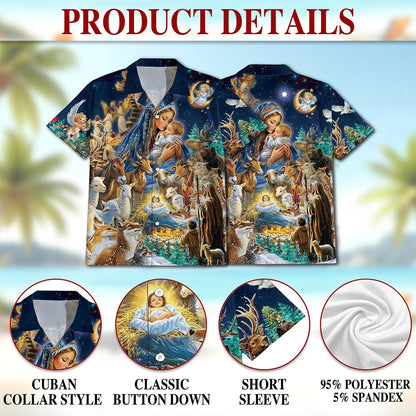 Netecom Nativity Scene Hawaiian Shirt, Holy Family Christian Christmas Button Down Summer Beach Short Sleeve Shirt, S-5XL