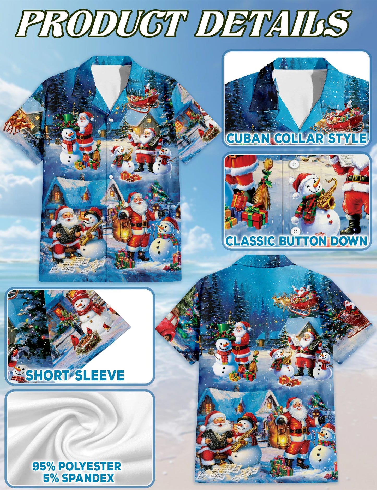 Netecom Funny Santa and Snowman Hawaiian Shirt, Musical Christmas Village Gift Button Down Short Sleeve Shirt, S-5XL