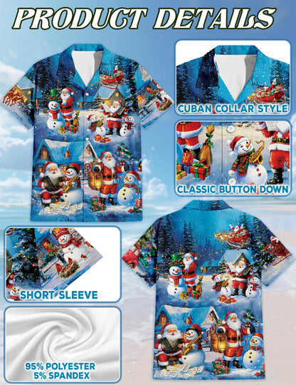 Netecom Funny Santa and Snowman Hawaiian Shirt, Musical Christmas Village Gift Button Down Short Sleeve Shirt, S-5XL