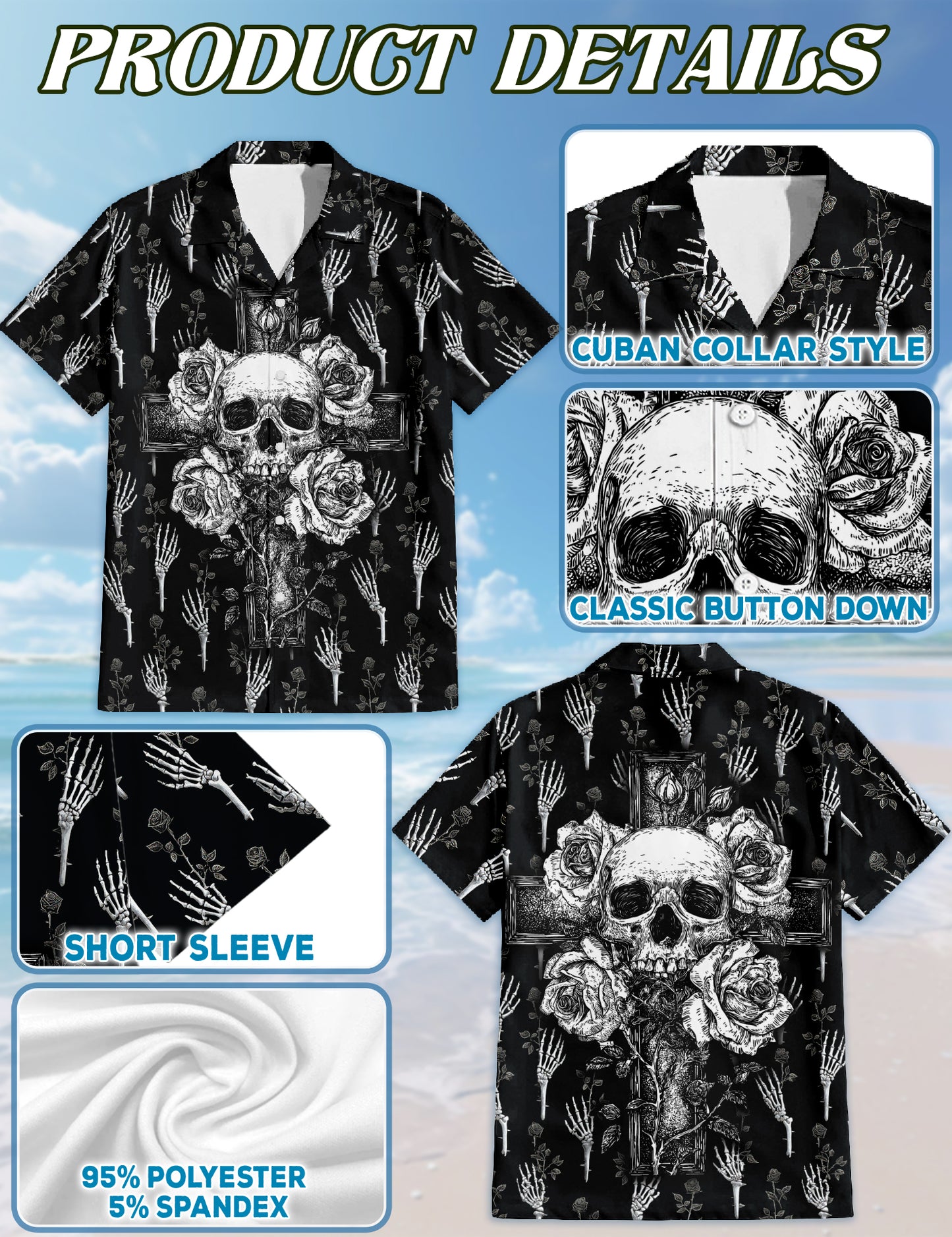 Netecom Black And White Skull Roses Hawaiian Shirt for Men, Skeleton Hand Flower Print Button Down Summer Beach Shirts