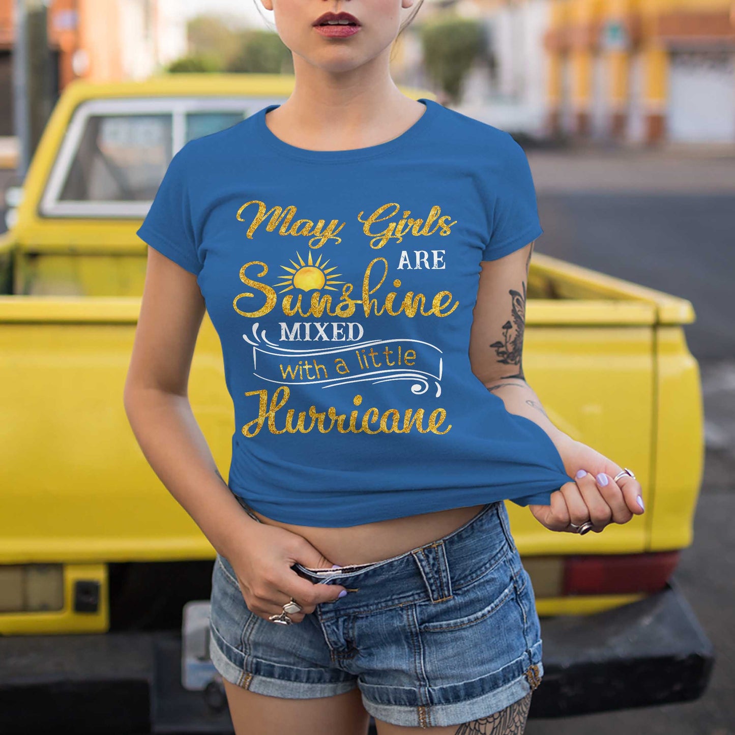 Netecom May Girls Sunshine With a Little Hurricane T-Shirt, Funny Birthday Tee for Women, Gift for May Girl