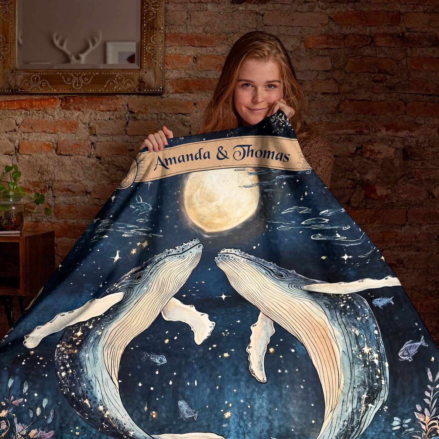 Netecom Personalized Couple Whale Blanket, Custom Name Ocean Moon Throw Blanket for Couch, Bed or Sofa, Ultra Soft Warm, Cute Gift for Husband Wife, Valentine’s Day or Anniversary Present