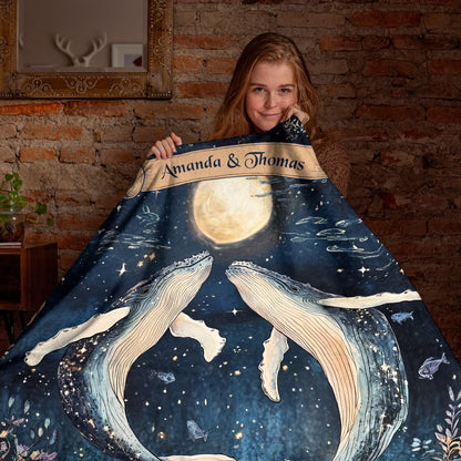 Netecom Personalized Couple Whale Blanket, Custom Name Ocean Moon Throw Blanket for Couch, Bed or Sofa, Ultra Soft Warm, Cute Gift for Husband Wife, Valentine’s Day or Anniversary Present