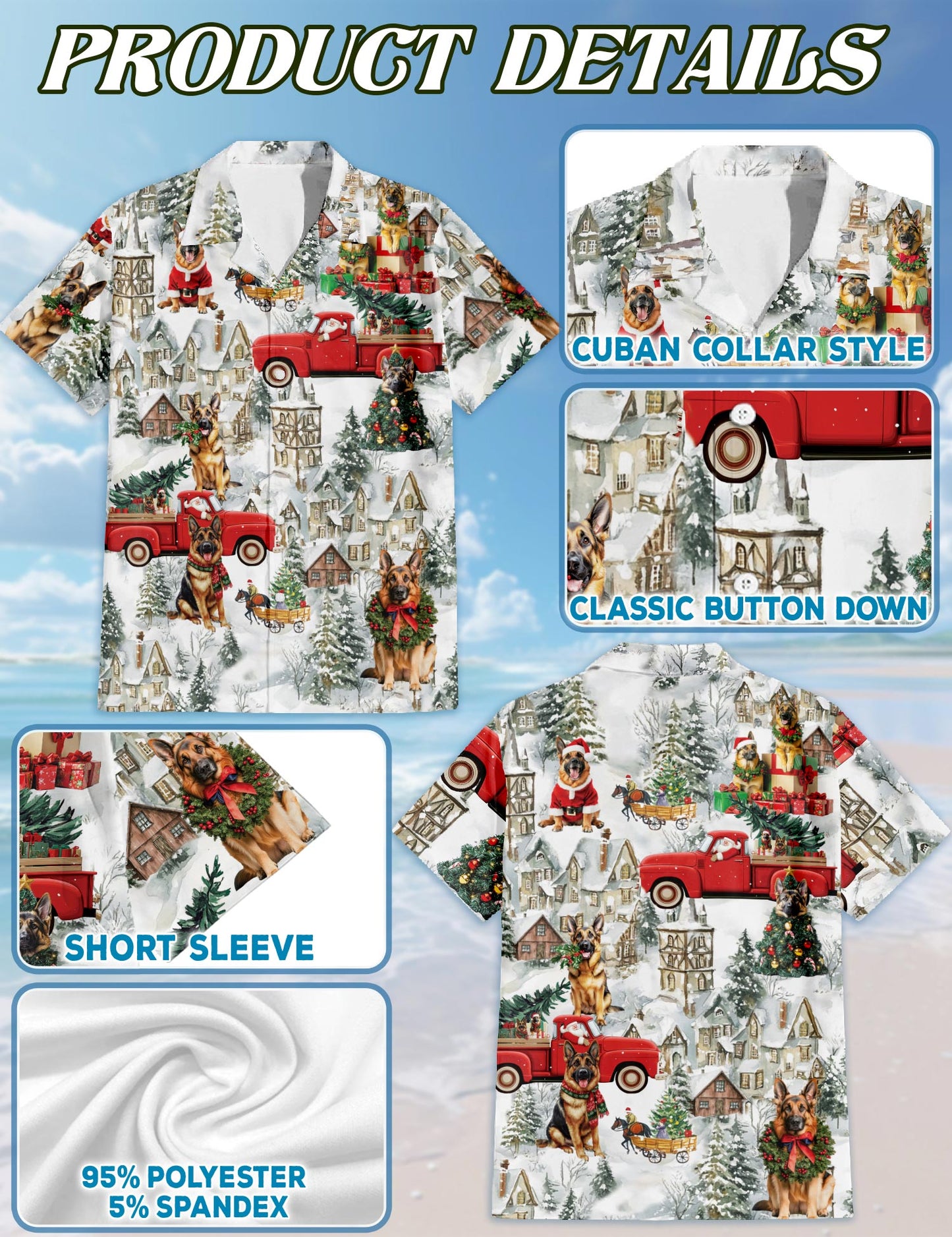 Netecom German Shepherd Christmas Hawaiian Shirt for Men, Dog Lover Holiday Button Down Summer Beach Short Sleeve Shirt, S-5XL