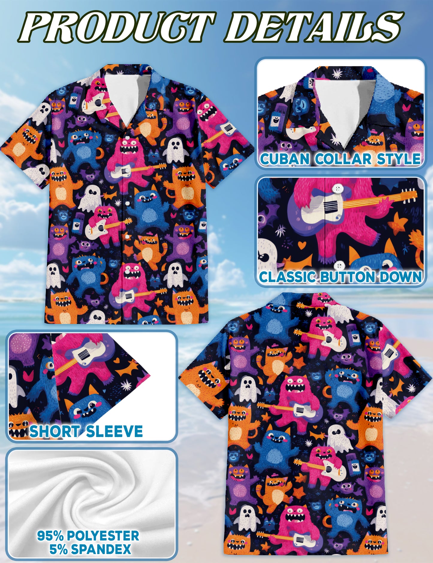 Netecom Cute Monster Art Hawaiian Shirt for Men Women, Cartoon Button Down Summer Aloha Beach Short Sleeve Shirts