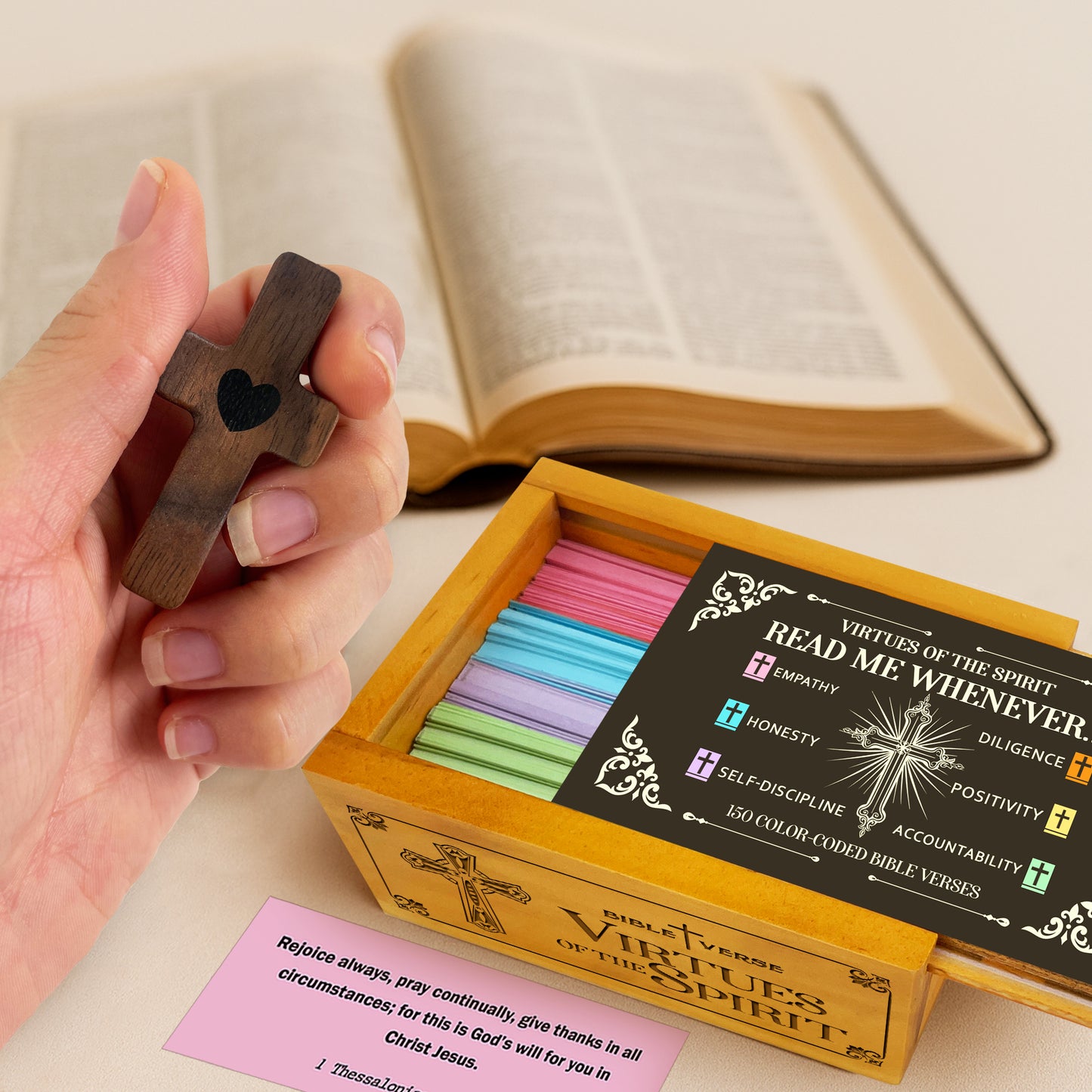 Virtues of the Spirit Bible Verses Wooden Box with Walnut Cross – 150 Color-Coded Christian Scriptures for Empathy, Honesty, Diligence & Positivity