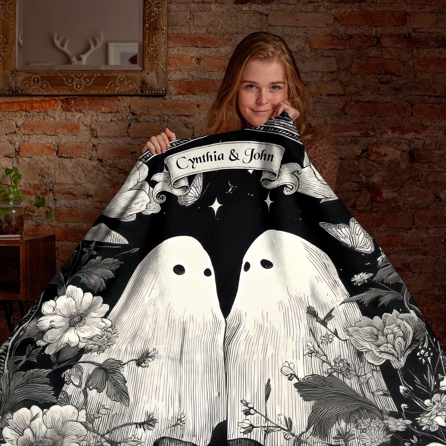 Netecom Personalized Ghost Couple Blanket with Names and Established Date, Woodland Floral Throw Blanket for Couch, Bed or Sofa, Romantic Gift for Couples, Anniversary or Halloween Decor