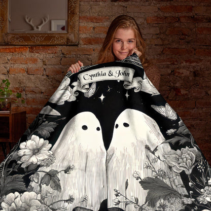 Netecom Personalized Ghost Couple Blanket with Names and Established Date, Woodland Floral Throw Blanket for Couch, Bed or Sofa, Romantic Gift for Couples, Anniversary or Halloween Decor