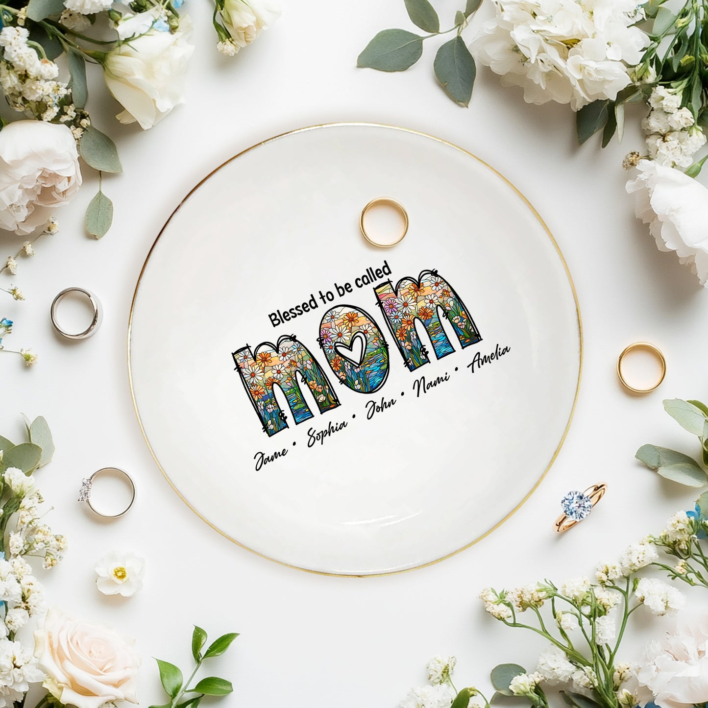 Netecom Gold Rim Trinket Dish with Custom Names under MOM, Unique Mother's Day Keepsake for Her