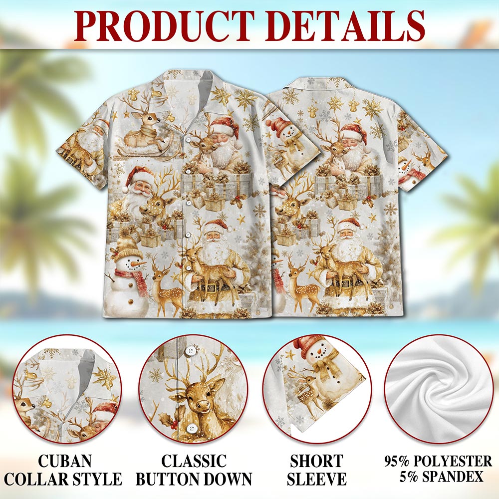 Netecom Golden Santa Claus and Reindeer Christmas Hawaiian Shirt, Elegant Holiday Button Down Summer Beach Shirt, S-5XL