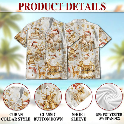 Netecom Golden Santa Claus and Reindeer Christmas Hawaiian Shirt, Elegant Holiday Button Down Summer Beach Shirt, S-5XL
