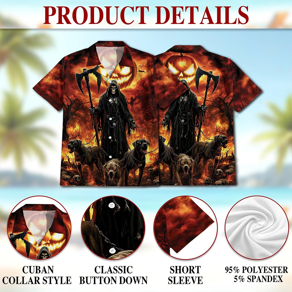 Netecom Grim Reaper Hawaiian Shirt for Men, Halloween Present, Dark Hellhound Button Down Summer Beach Shirts, S-5XL