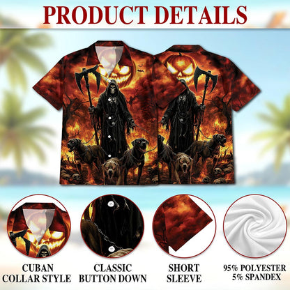 Netecom Grim Reaper Hawaiian Shirt for Men, Halloween Present, Dark Hellhound Button Down Summer Beach Shirts, S-5XL