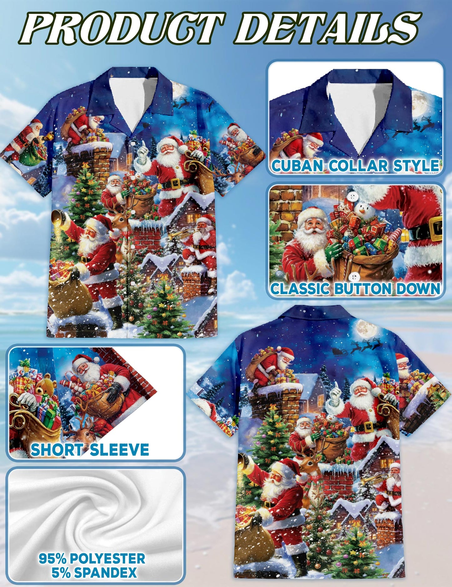 Netecom Christmas Rooftop Santa Claus Hawaiian Shirt, Holiday Chimney Night Scene Button Down Summer Beach Shirt, S-5XL