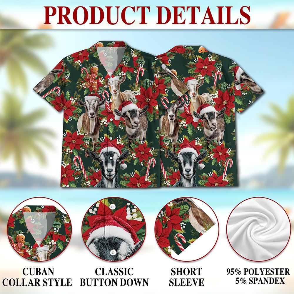 Netecom Funny Goat Christmas Hawaiian Shirt, Farm Animal Holiday Print Button Down Summer Beach Short Sleeve Shirt, S-5XL