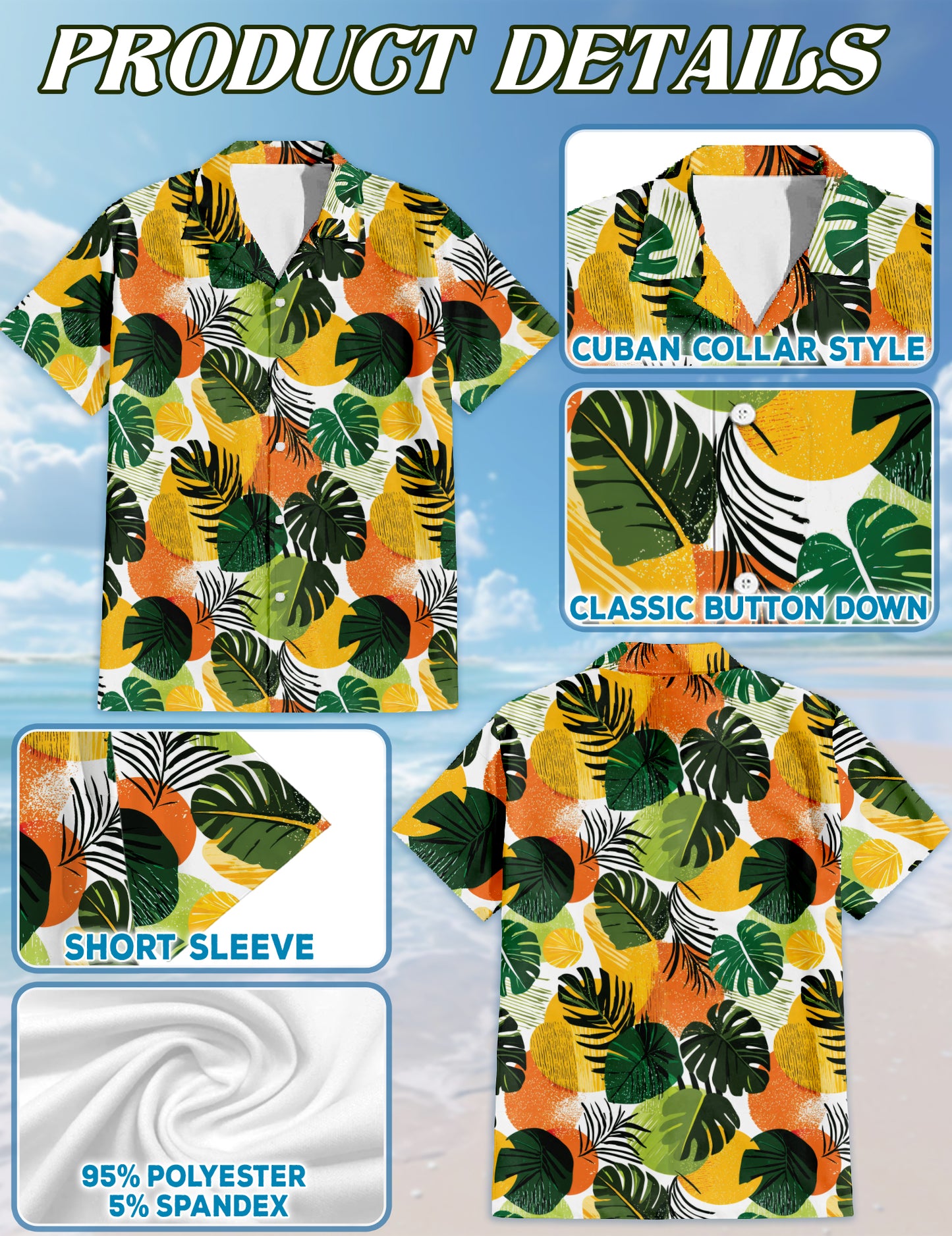 Netecom Tropical Leaf Pattern Hawaiian Shirt for Men, Abstract Jungle Botanical Print Button Down Shirt