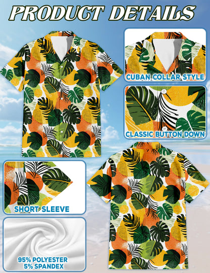 Netecom Tropical Leaf Pattern Hawaiian Shirt for Men, Abstract Jungle Botanical Print Button Down Shirt