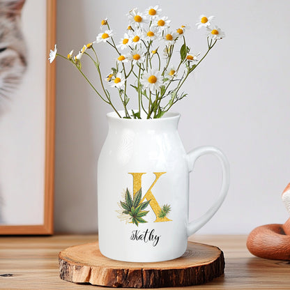 Netecom Personalized Ceramic Flower Pitcher with Gold Initial, Timeless Farmhouse Decor Gift for Mother’s Day, Anniversary, or Christmas