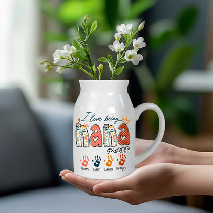 Netecom Personalized I Love Being NANA Ceramic Mug , Custom Grandkids Names and Handprints Coffee Cup , Unique Christmas or Mother's Day Gift for Grandma