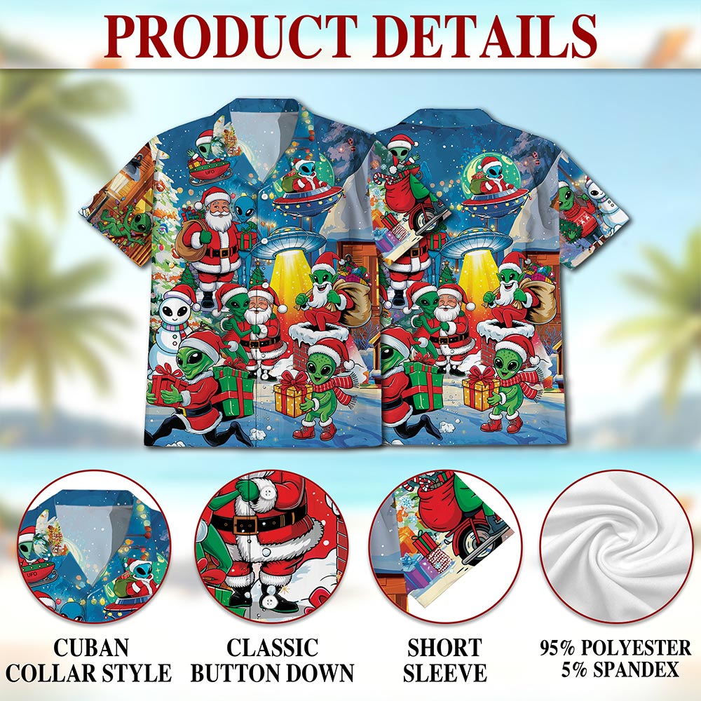 Netecom Alien and Santa Claus Christmas Hawaiian Shirt for Men, Funny UFO Holiday Button Down Summer Beach Shirts, S-5XL