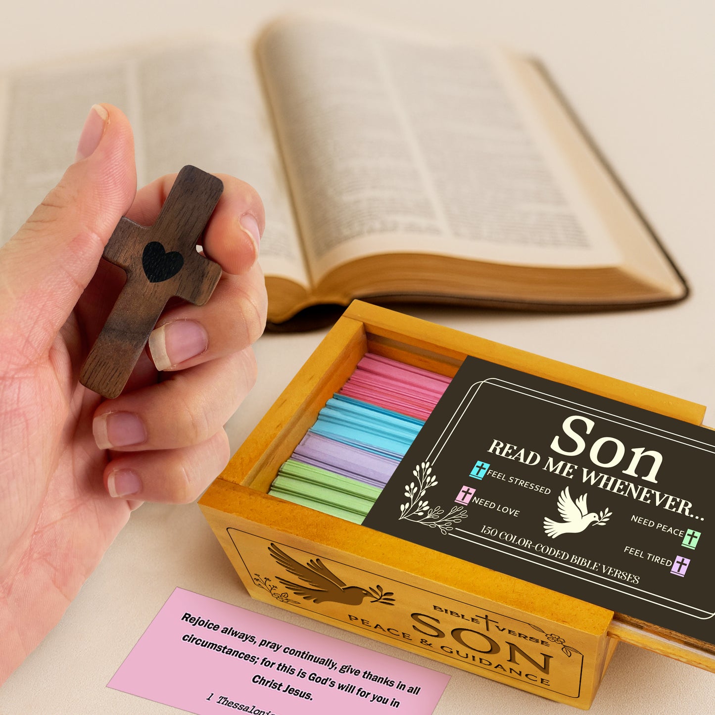 Son Bible Verses Wooden Box with Walnut Cross – 150 Color-Coded Christian Scriptures for Peace, Love, Strength & Encouragement – Perfect Gift for Sons