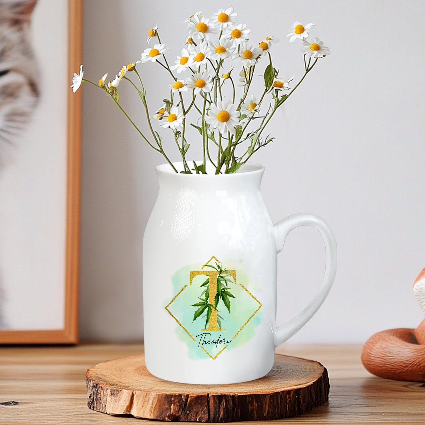 Netecom Floral Gold Initial Ceramic Pitcher with Custom Name, Elegant Farmhouse Vase for Wedding, Valentine’s Day, or Anniversary Gift
