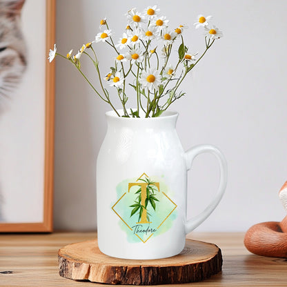 Netecom Floral Gold Initial Ceramic Pitcher with Custom Name, Elegant Farmhouse Vase for Wedding, Valentine’s Day, or Anniversary Gift