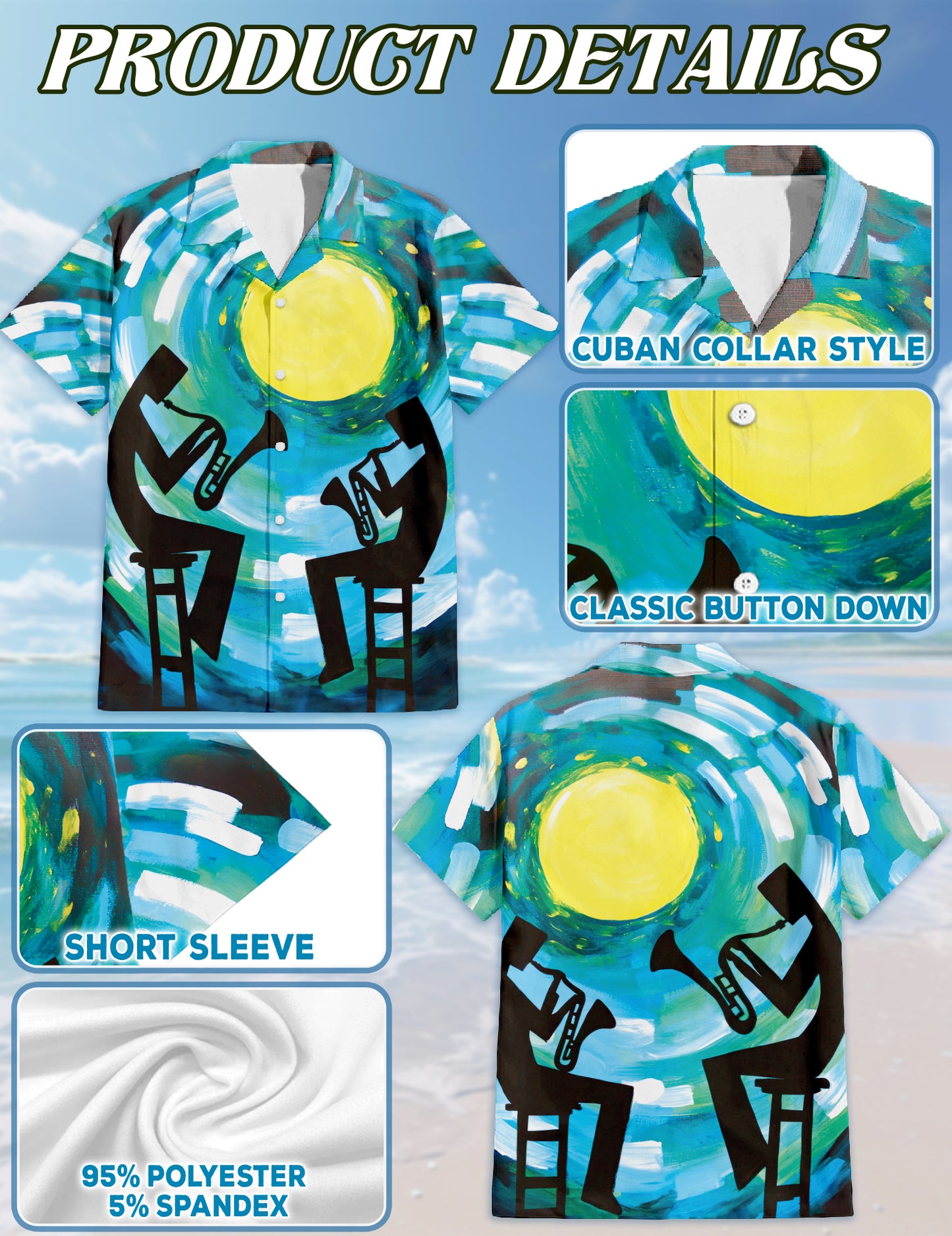 Netecom Vintage Trumpet Pattern Hawaiian Shirt for Men, Musical Instruments Button Down Summer Beach Short Sleeve Shirt
