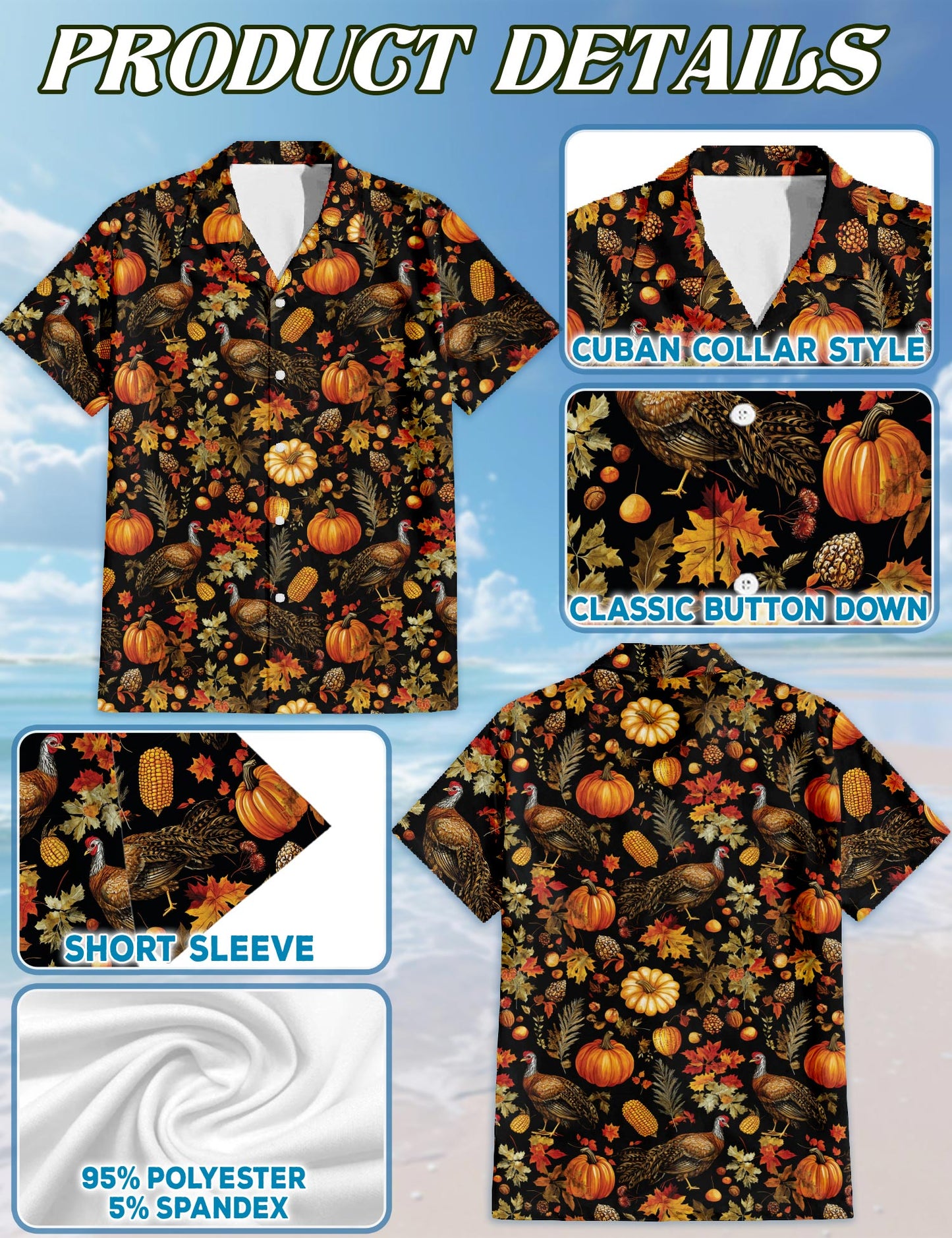 Netecom Happy Turkey Day Thanksgiving Hawaiian Shirt, Fall Leaves Pumkpin Button Down Summer Beach Shirts, S-5XL