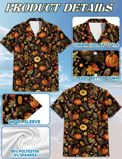 Netecom Happy Turkey Day Thanksgiving Hawaiian Shirt, Fall Leaves Pumkpin Button Down Summer Beach Shirts, S-5XL