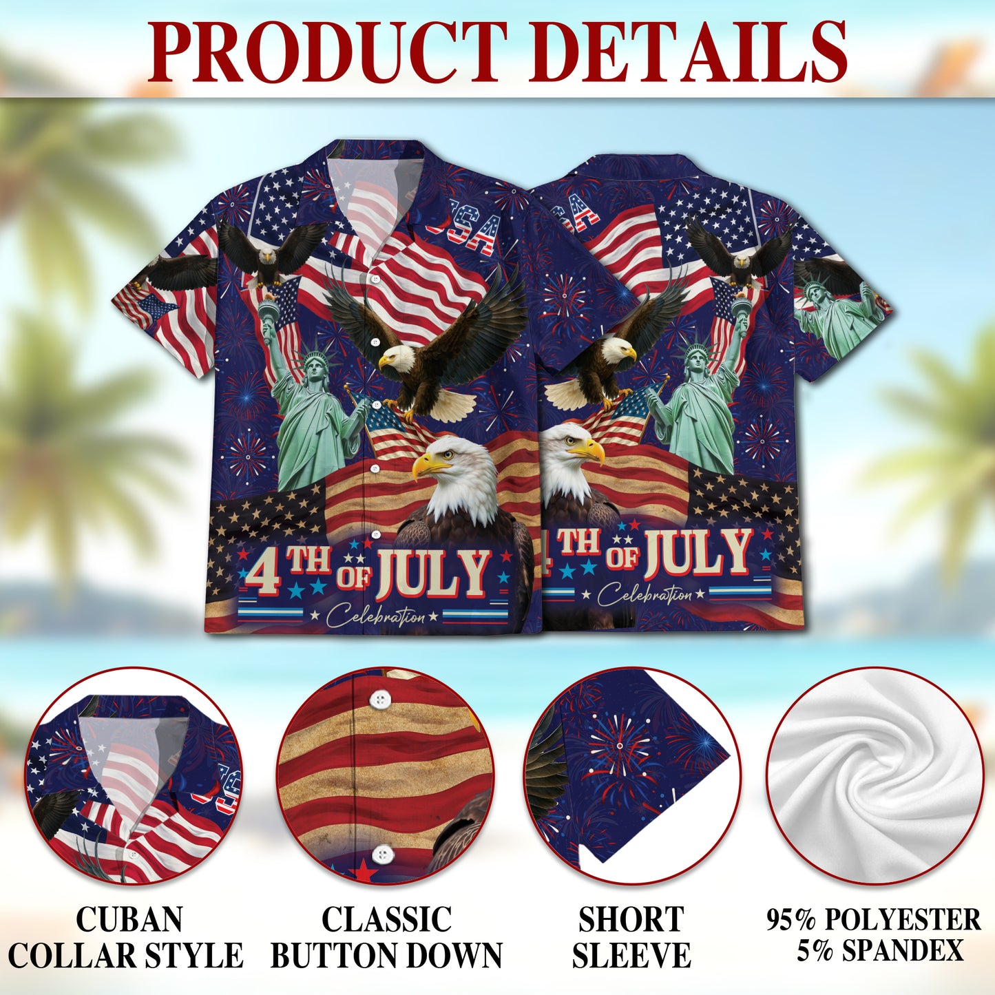 Netecom 4th of July Independence Day Hawaiian Shirt, Patriotic Eagle Button Down Summer Beach Shirts