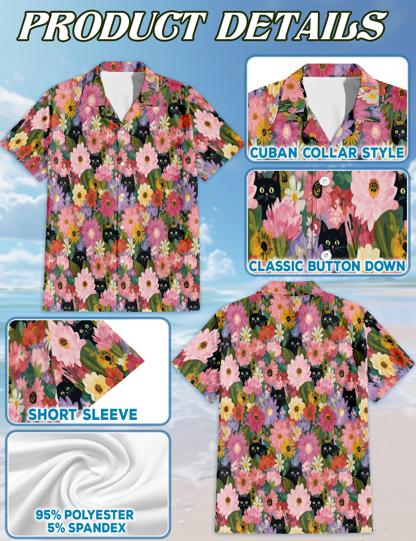 Netecom Black Cat Floral Hawaiian Shirt for Men Women, Cute Kitten in Colorful Daisy Garden Button Down Shirt