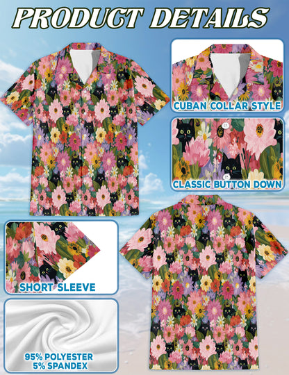 Netecom Black Cat Floral Hawaiian Shirt for Men Women, Cute Kitten in Colorful Daisy Garden Button Down Shirt