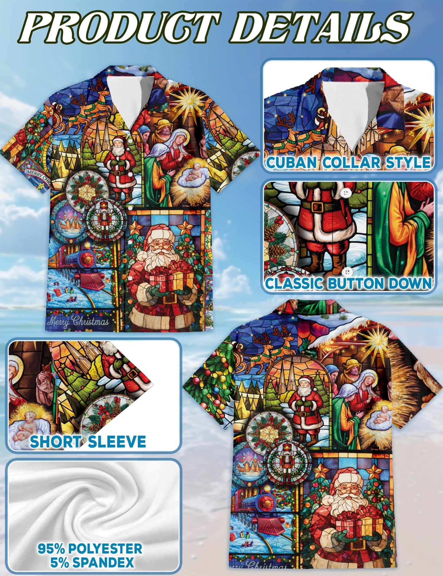 Netecom Christmas Stained Glass Hawaiian Shirt for Men, Nativity Scene Santa Claus Aloha Button Down Summer Beach Shirt, S-5XL
