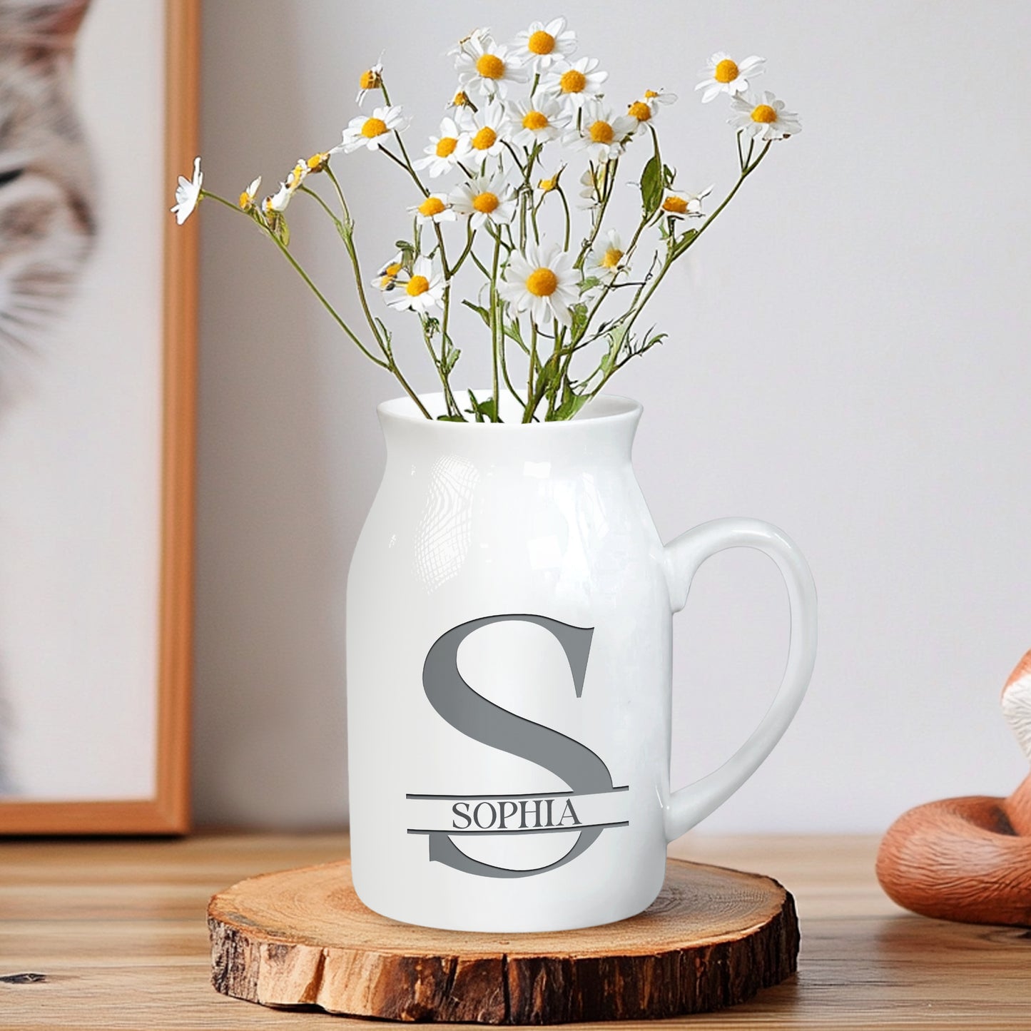 Netecom Personalized Ceramic Jug Vase with Custom Name and Initial, Elegant Farmhouse Pitcher, Minimal Home Decor, Unique Gift for Weddings, Birthdays, or Christmas