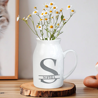 Netecom Personalized Ceramic Jug Vase with Custom Name and Initial, Elegant Farmhouse Pitcher, Minimal Home Decor, Unique Gift for Weddings, Birthdays, or Christmas