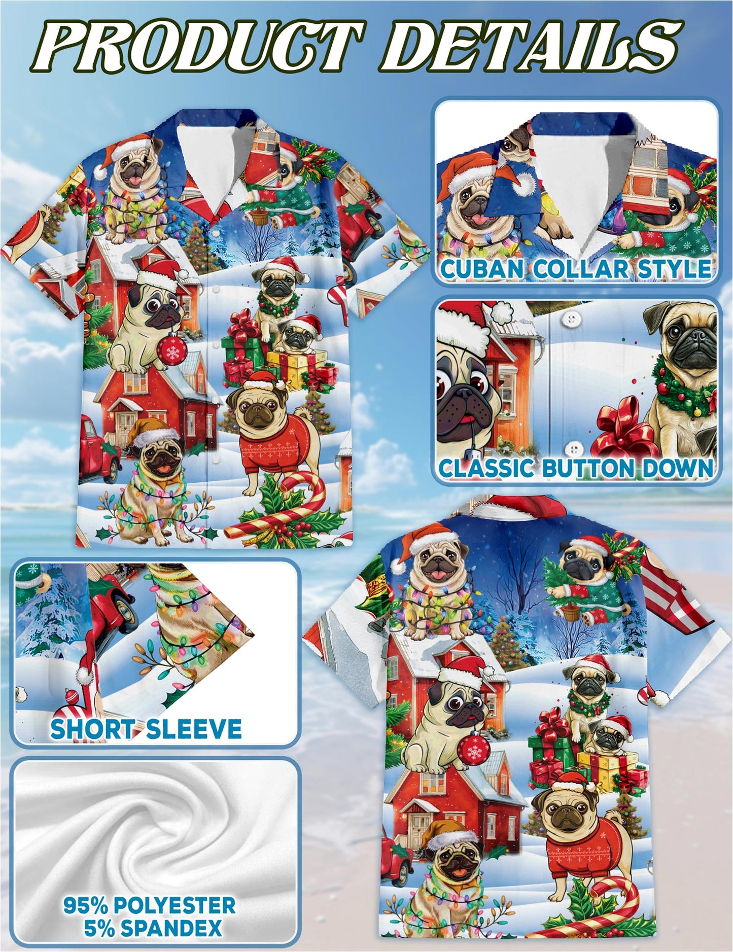Netecom Funny Pug Christmas Hawaiian Shirt for Men, Cute Dog Holiday Print Button Down Summer Beach Short Sleeve Shirt, S-5XL