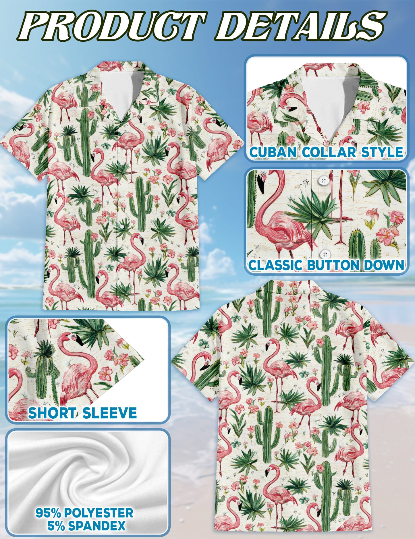 Netecom Cactus Flamingo Hawaiian Shirt for Men, Bird Lover Gifts, Tropical Animal Button Down Summer Beach Shirts