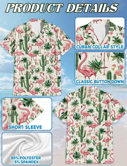 Netecom Cactus Flamingo Hawaiian Shirt for Men, Bird Lover Gifts, Tropical Animal Button Down Summer Beach Shirts