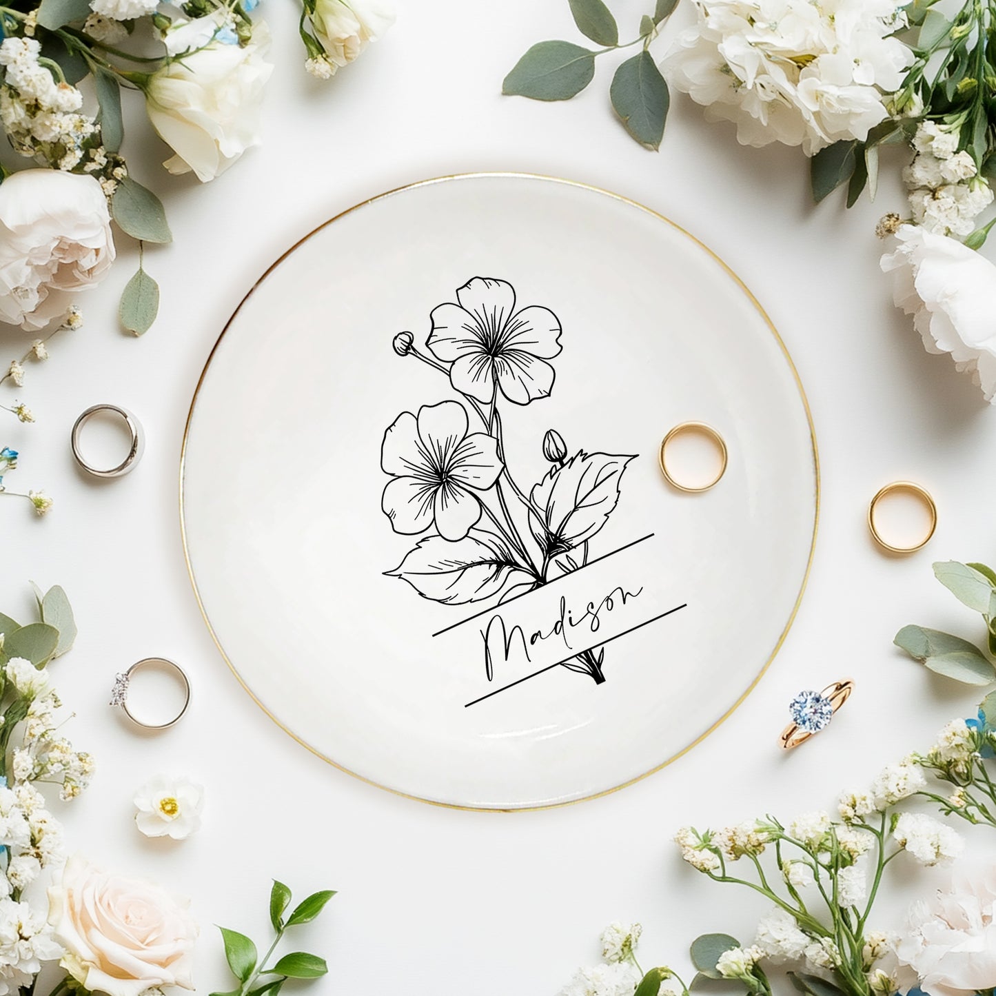 Netecom Personalized Birth Month Flower Ceramic Jewelry Tray , Custom Name Ring Dish Set , Elegant Bridesmaid Gift , Gold Rim Trinket Dish for Her