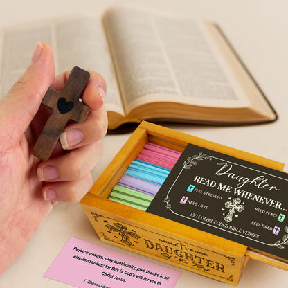 Daughter Bible Verses Wooden Box with Walnut Cross – 150 Color-Coded Christian Scriptures for Peace, Love, Strength & Encouragement – Perfect Gift for Girls