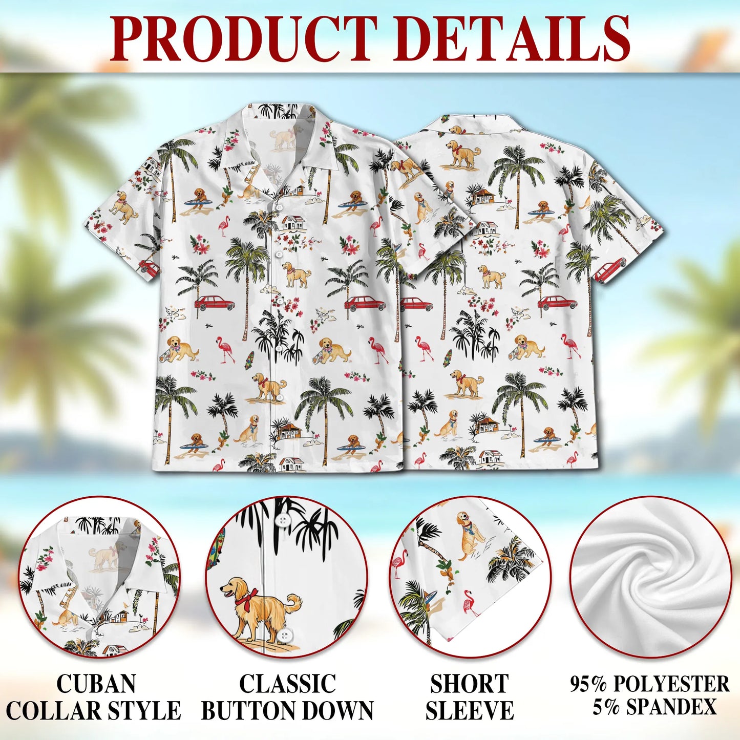 Cute Golden Retriever Beach Print Hawaii Dog and Owner Matching Button Shirts