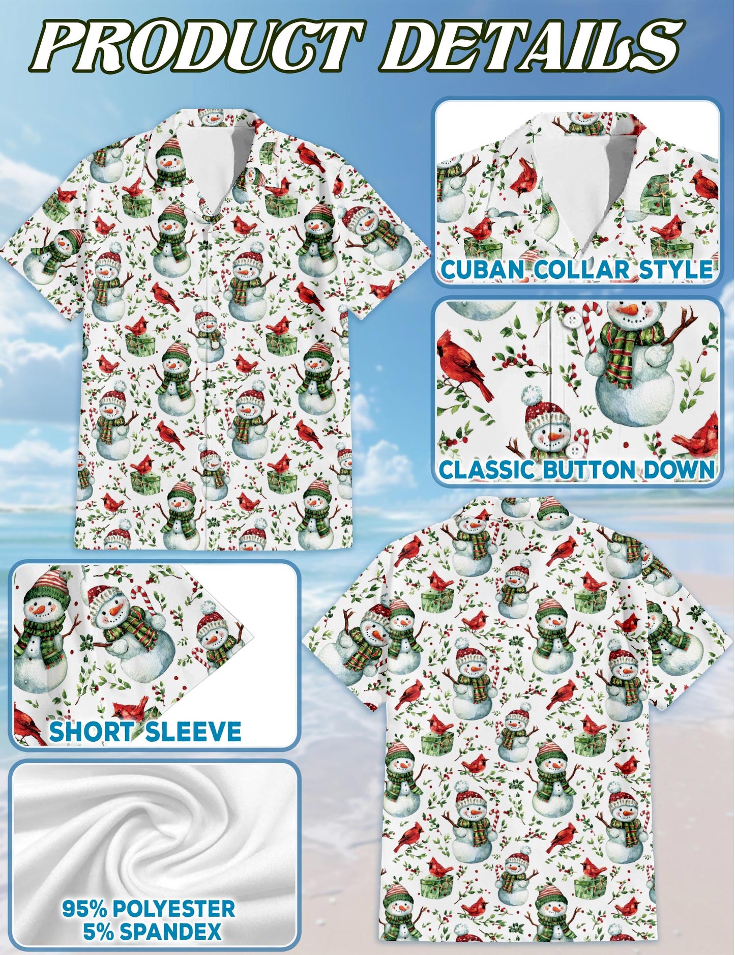 Netecom Snowman and Red Cardinal Christmas Hawaiian Shirt for Men, Cute Holiday Button Down Summer Beach Shirts, S-5XL