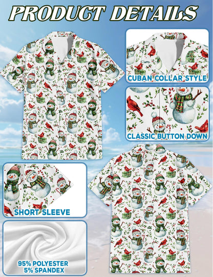 Netecom Snowman and Red Cardinal Christmas Hawaiian Shirt for Men, Cute Holiday Button Down Summer Beach Shirts, S-5XL