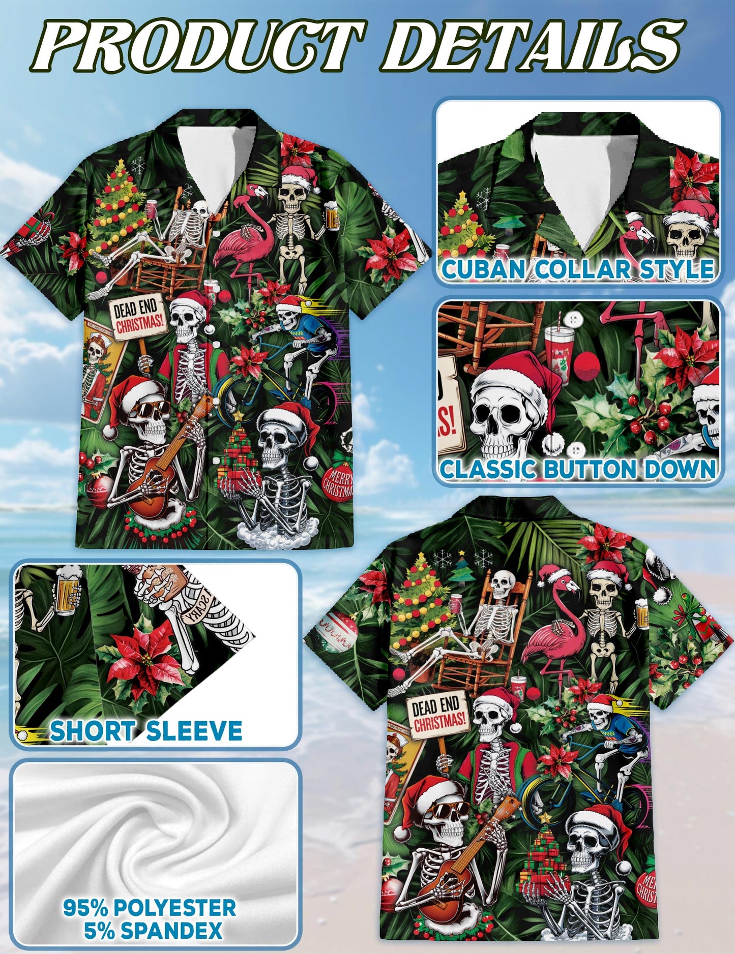 Netecom Skeleton Santa Claus Christmas Hawaiian Shirt for Men, Funny Skull Holiday Print Button Down Summer Beach Shirt, S-5XL