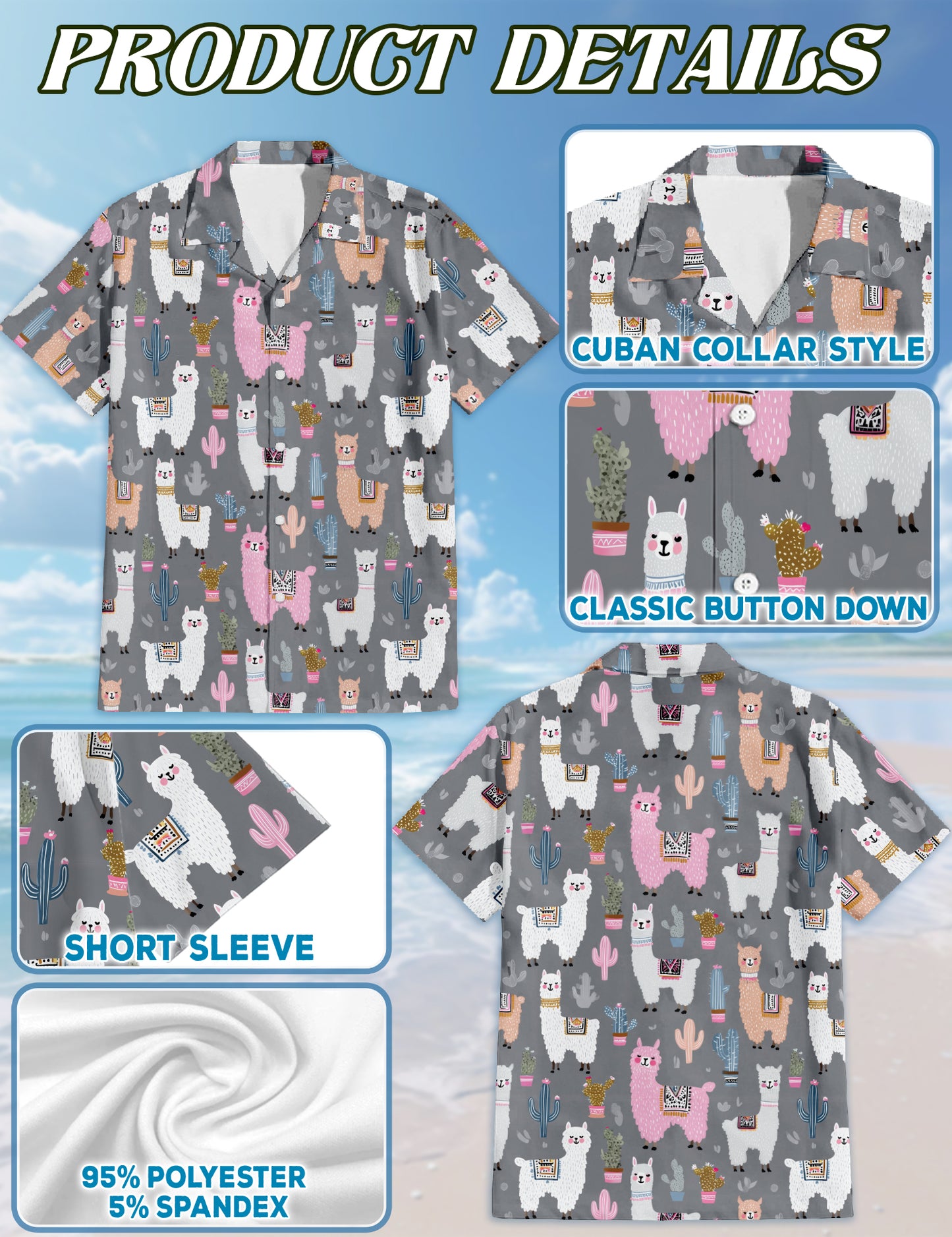 Netecom Cute Llama Hawaiian Shirt, Colorful Alpacas and Cactus Pattern Button Down Short Sleeve Shirt