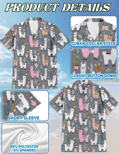 Netecom Cute Llama Hawaiian Shirt, Colorful Alpacas and Cactus Pattern Button Down Short Sleeve Shirt
