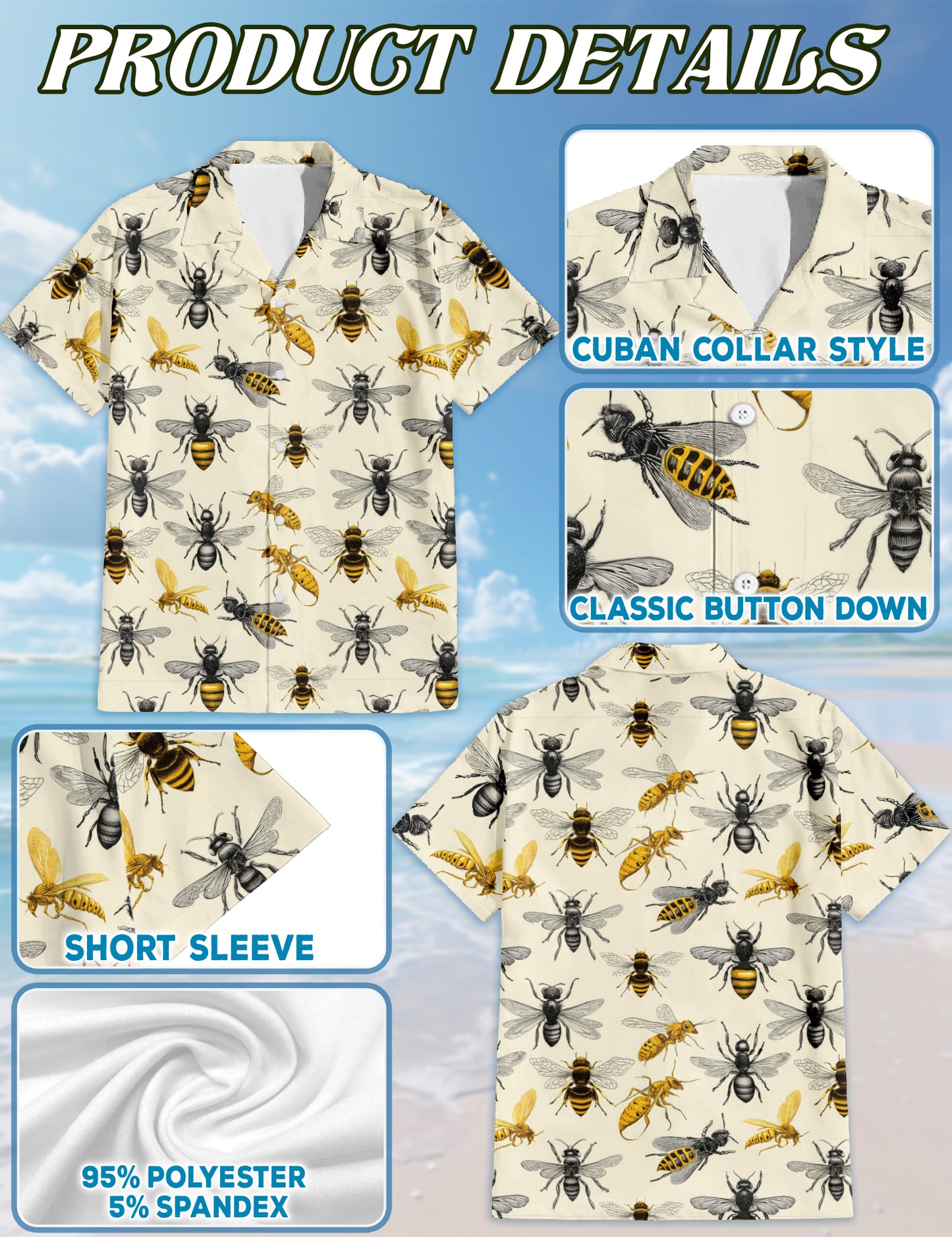 Netecom Bee Art Hawaiian Shirt for Men, Bee Lover Gifts, Insect Button Down Summer Beach Short Sleeve Shirts