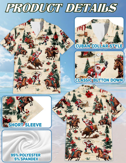 Netecom Cowboy Santa Claus Hawaiian Shirt for Men, Western Rodeo Christmas Button Down Summer Beach Short Sleeve Shirts, S-5XL