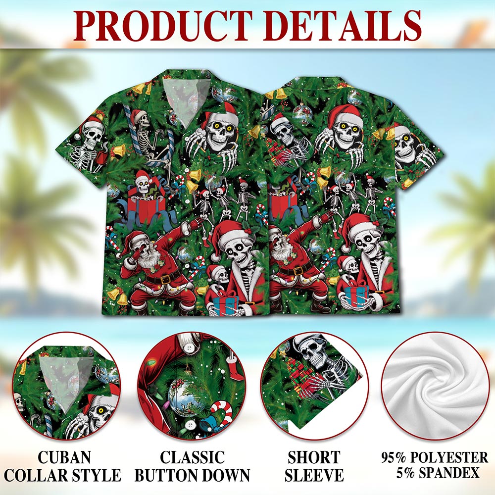Netecom Skeleton Santa Claus Christmas Hawaiian Shirt for Men, Funny Skull Holiday Button Down Summer Beach Shirt, S-5XL